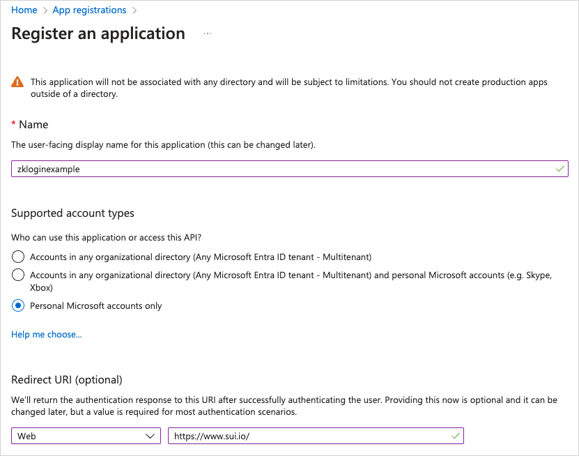Create application Create application page